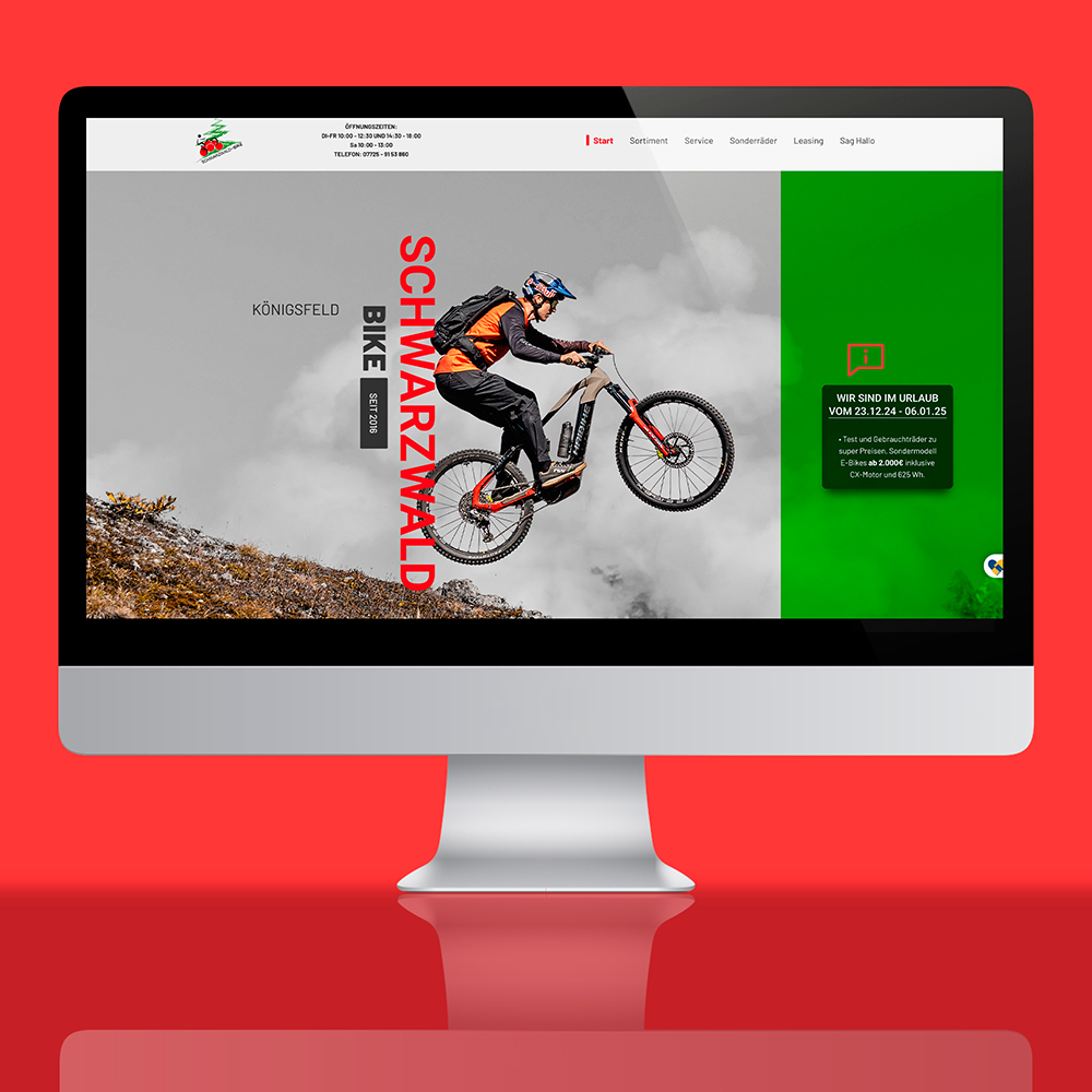 website für Schwarzwaldbike Fahrradladen in Koenigsfeld im Schwarzwald in rotem und gruenem Farbschema